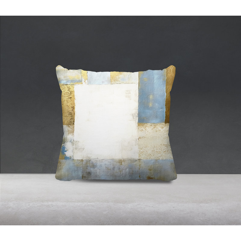 Coussin décoratif intérieur / extérieur en polyester filé abstrait Ferris, Bleu/doré, H 17 po x l 17 po