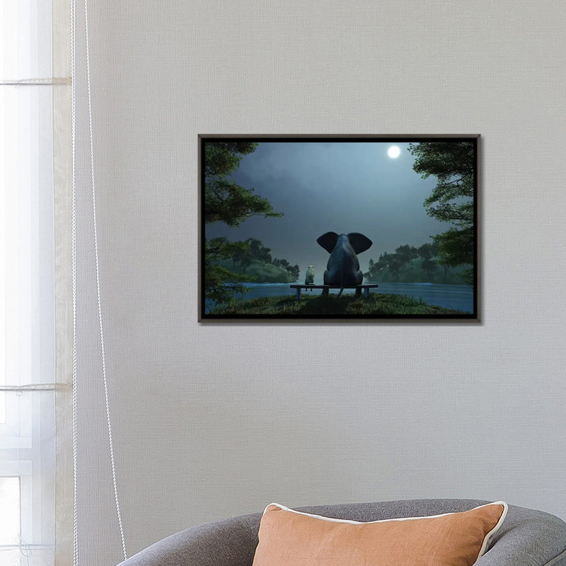 Éléphant et chien la nuit d’été, Encadrement en bois foncé rustique, Pas de tapis, H 26 po x l 40 po x P 1,5 po