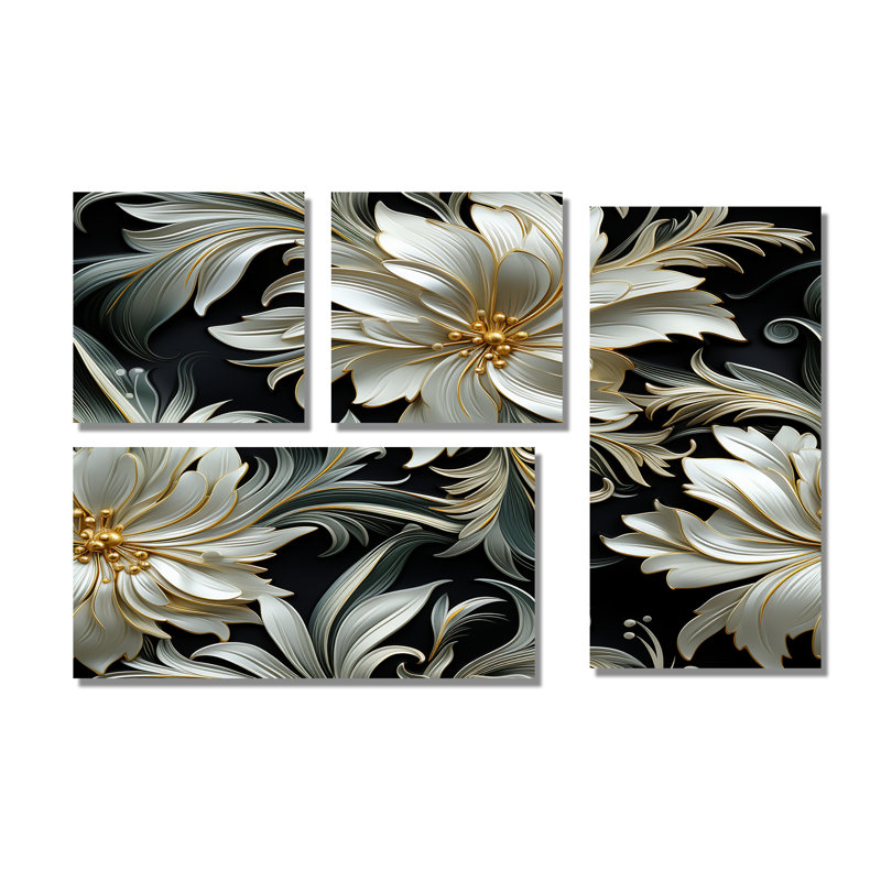 Motif de fleurs grises exotiques - chalet blanc, impressions sur toile traditionnelles, 4 pièces, Doré