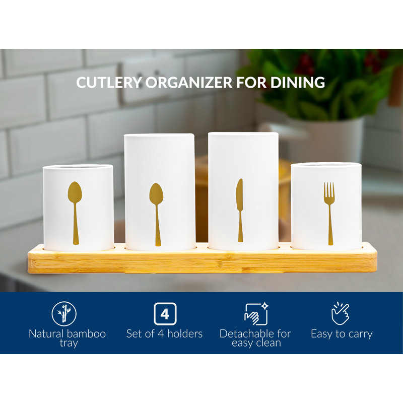Metal Round Utensil Storage Set, White