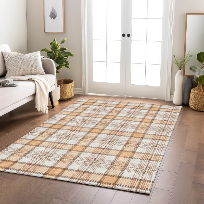 Peach and Beige Plaid Washable Synthetic Rug, 3' x 5'