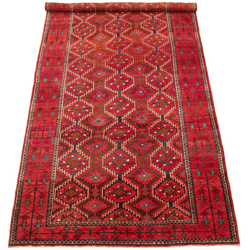 Tapis décoratif en laine rouge de conception unique 5 pi 3 po X 10 pi 6 po noué à la main 1980S