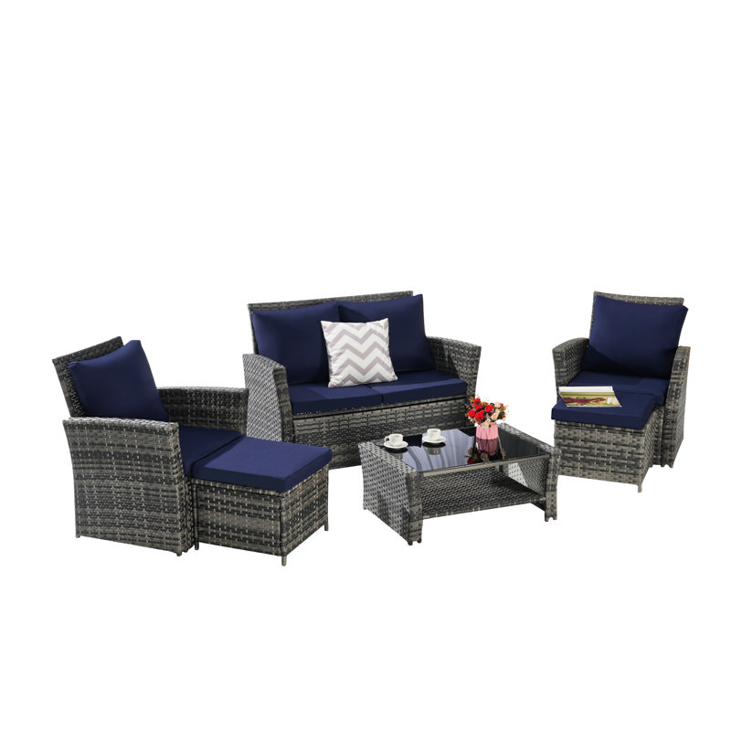 Mobilier de patio 6 pièces - Protégé, repose-pieds d'extérieur chlore, coussins confortables, Bleu très foncé