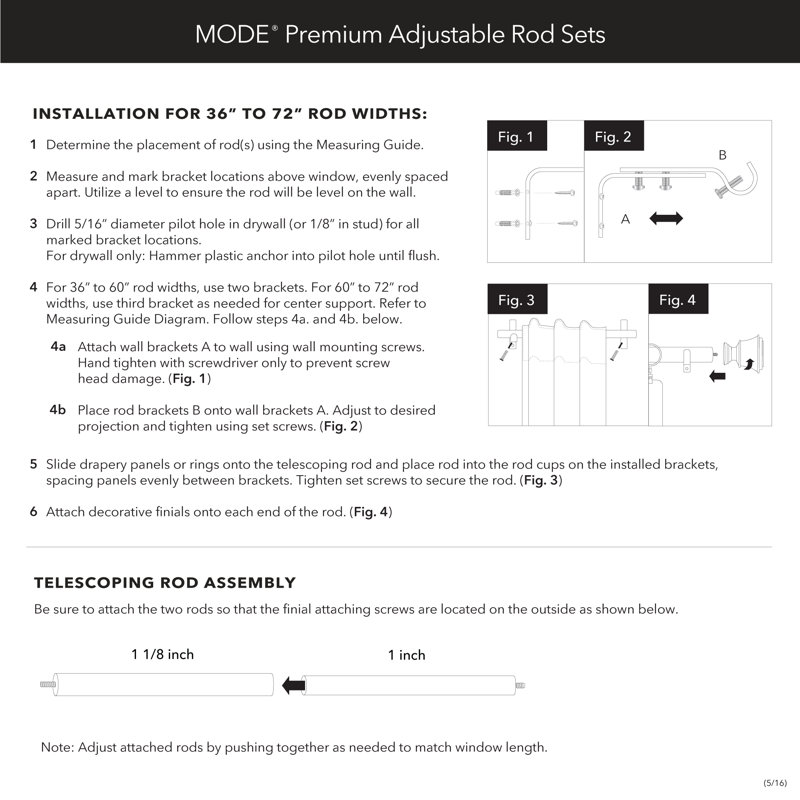 MODE Mode Premium Collection 1 1/8 in Diameter Curtain Rod, Cylinder Finials and Steel Wall Mounted Adjustable Rod