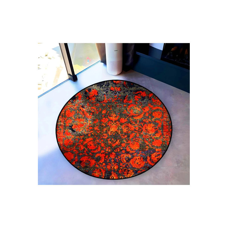 Tapis décoratif anthracite à motif abstrait orange et rouge tissé, Rond 2 pi 8 po