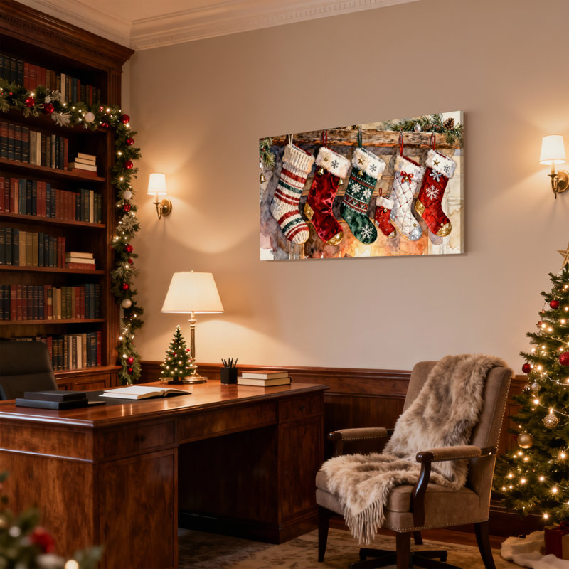 Ensemble de 3 toiles de Noël suspendues sur un manteau de cheminée avec des branches de pin, H 12 po x l 18 po