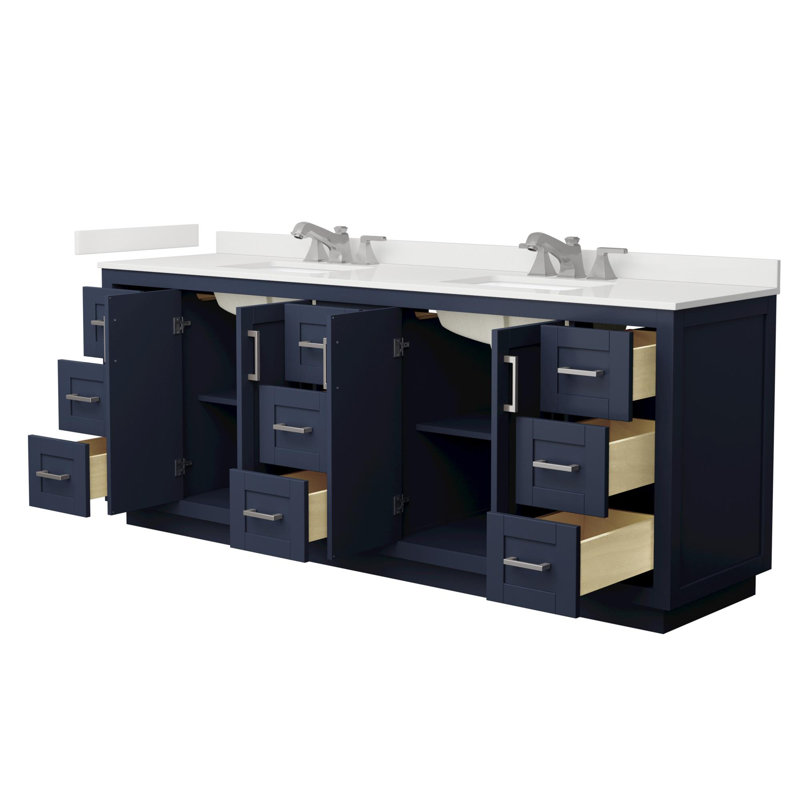 Meuble-lavabo double autoportant de 84 po avec plateau en quartz Miranda, Quartz blanc, Bleu foncé, Nickel brossé