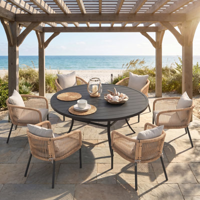 Atkins 6-Person Outdoor Dining Sets with 60" Round Dining Table and 6 Cushioned PE Rattan Dining Chairs