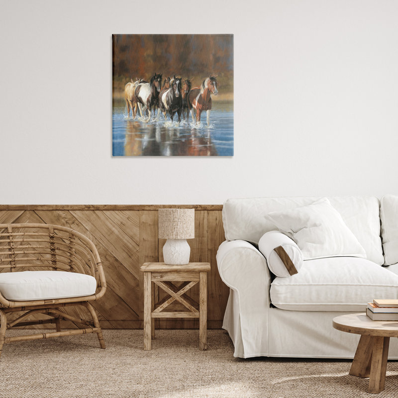 Rivière et chevaux, art mural sur toile par Victoria Schultz, H 30 po x l 30 po