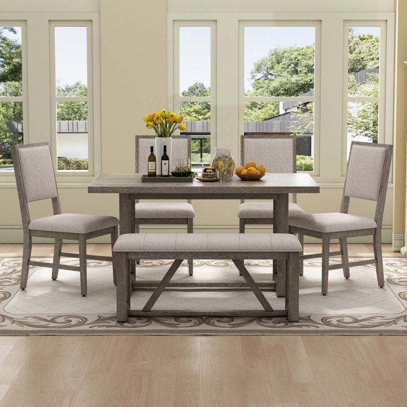 Ensemble de table de salle à manger 6 pièces pour 6, table de cuisine en bois de 60 po et 4 chaises avec banc et base en tréteaux pour la cuisine et la salle à manger