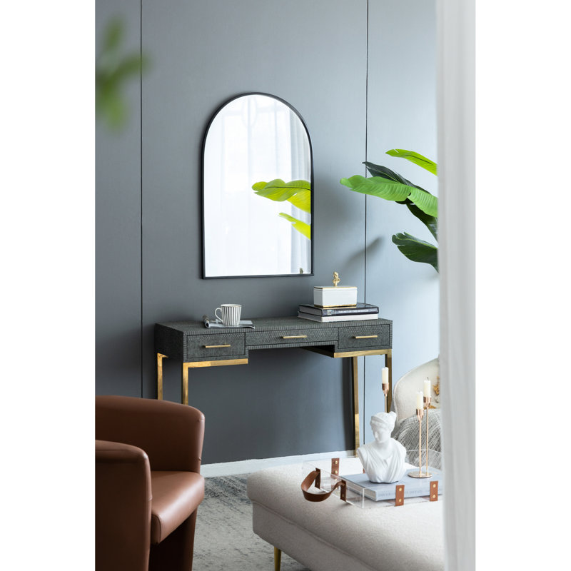 Miroir arqué noir 24 po x 36 po avec support en métal robuste pour le salon 24 po x 36 po