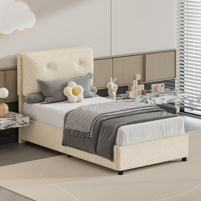 Bed Frames with Headboard, Boucle Bed Frame with Upholstered Headboard, Removable Upholstery, Wooden Slats Support, No Box Spring Needed