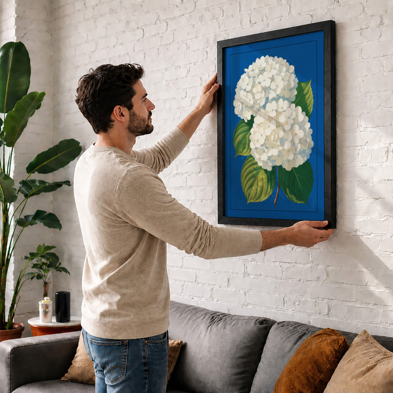 Hydrangea In Blue Botanical - Print, Walnut, A1 - 84.1 x 59.4 cm