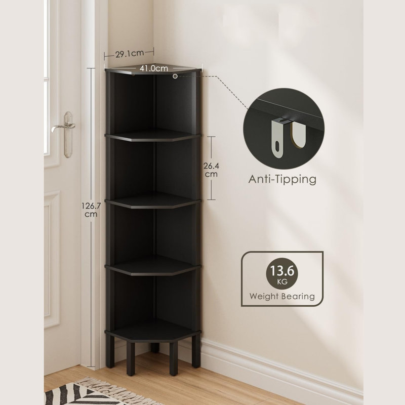 126.7 cm H x 29.1 cm W Corner Bookcase, Black