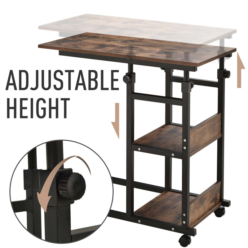 Mobile Rolling Side Table With Multi-Level Storage And Adjustable Height