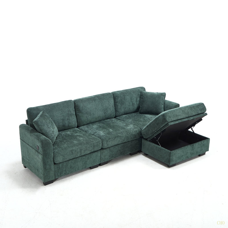 Canapé de rangement moderne avec double port USB, 2 poches latérales, banc de rangement avec repose-pieds, canapé modulaire en chenille surdimensionné, canapé en L surdimensionné à 4 places