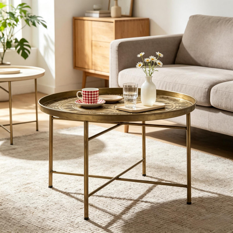 Table d'appoint ronde à motif martelé, 61 cm de diamètre x 40 cm de hauteur, métal, monobloc, finition brossée dorée, pieds réglables, fabrication artisanale.