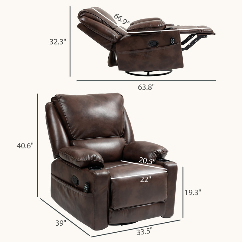 Fauteuil inclinable surdimensionné avec massage, revêtement en polyuréthane brun, pivotant pour le confort de la maison
