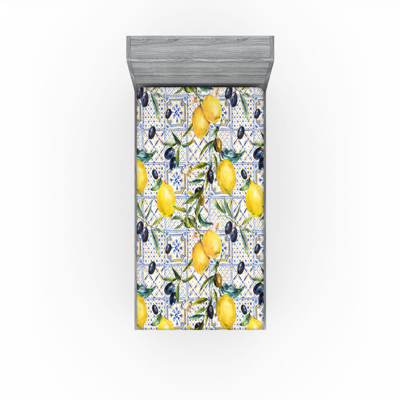Drap-housse Ambesonne Agrume de jardin Olive exotique moutarde Indigo foncé blanc, Drap-housse de taille double