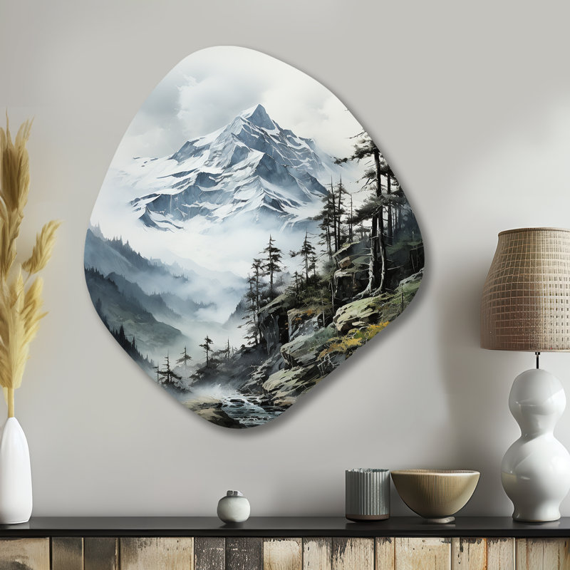 Vert vert, montagnes majestueuses, sommets hivernaux, forme asymétrique de montagnes, art mural en métal, H 35 po x l 31 po