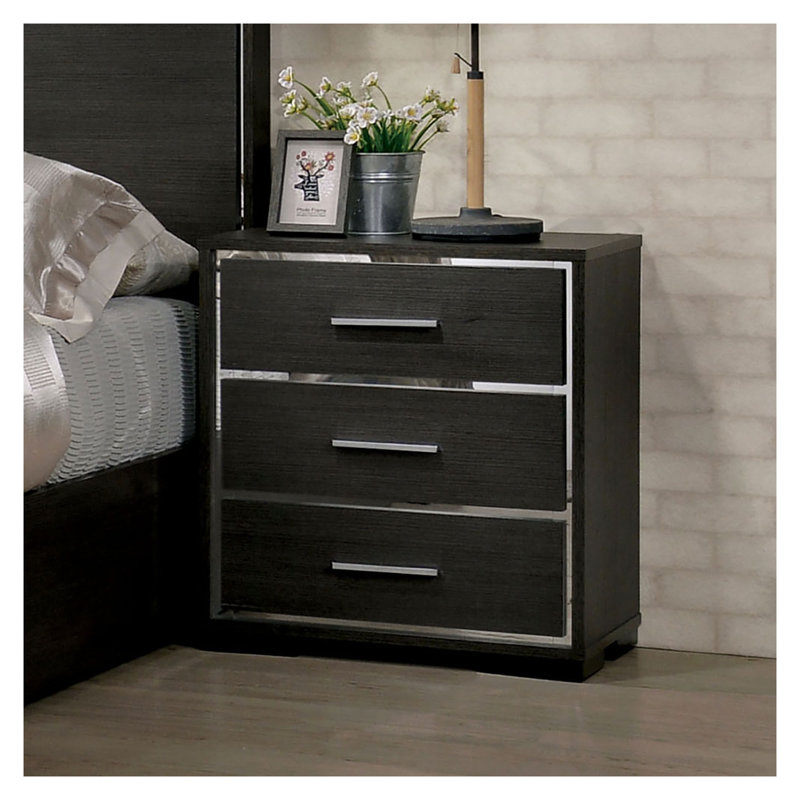 Table de chevet en bois massif gris chaud avec 3 tiroirs et port de chargement USB