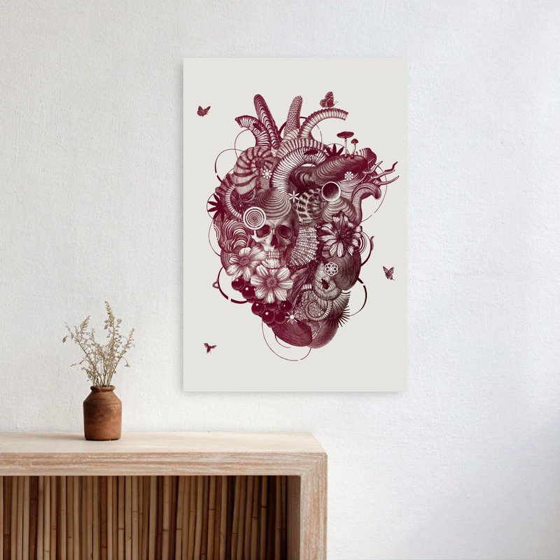 Intricate Heart Skull Elegant Gothic Organic Butterfly Nature Flower Wall Art Print by Jaco Putker - Wrapped Canvas Print