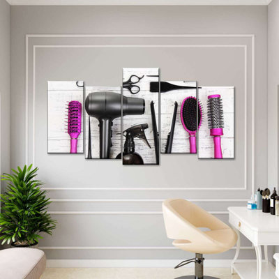 Ensemble de 5 outils fuchsia sur toile pour salon de coiffure