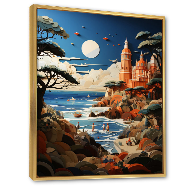 «Coastal Seaside Adventure Papercut I», reproduction sur toile, H 32 po x l 24 po x P 1 po, Cadre flottant doré