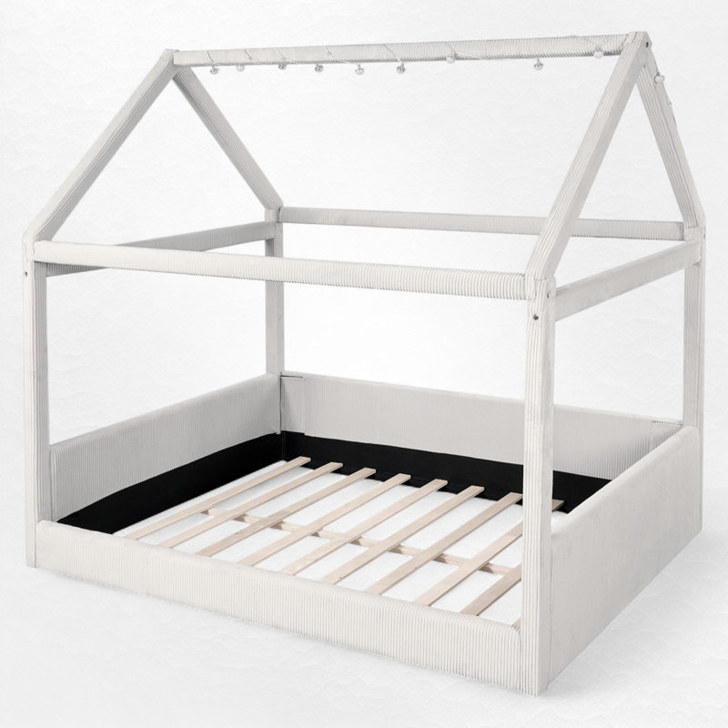 Full Size Upholstered House Platform Bed With LED Light, Beige