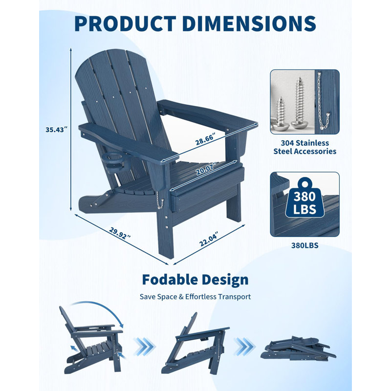 Folding HDPE Adirondack Chair with Cup Holder, Weather Resistant Outdoor Patio Chair, 4 PCS, Navy, 4
