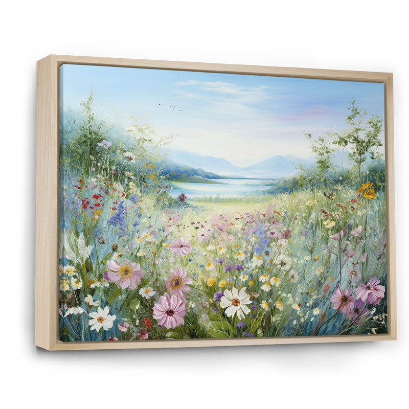 Simplity Wreath Green Flower Field - Art mural grand champ de fleurs, H 30 po x l 40 po x P 1,5 po, Cadre naturel flottant