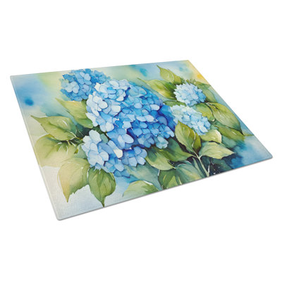 Hydrangeas in Watercolor Glass Cutting Board Large