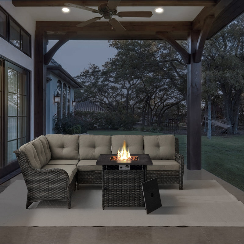 Bonia 6 - Person Outdoor Sectionals Seating Group with Cushions and Square Fire Pit, Gray, Gray