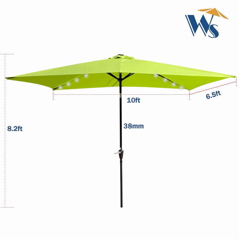 Parasol d'extérieur à DEL solaire 10 x 6,5T avec manivelle et bouton poussoir inclinable pour la cour, Vert citron