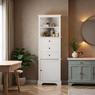 Grande armoire triangulaire blanche avec 3 tiroirs et tablettes réglables pour la salle de bain