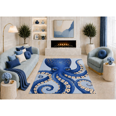Tapis ultra-léger 152 x 213 cm à motif de pieuvre bleue, décoration marine fantaisiste pour salon, chambre ou maison de plage, envers antidérapant en silicone, poils courts