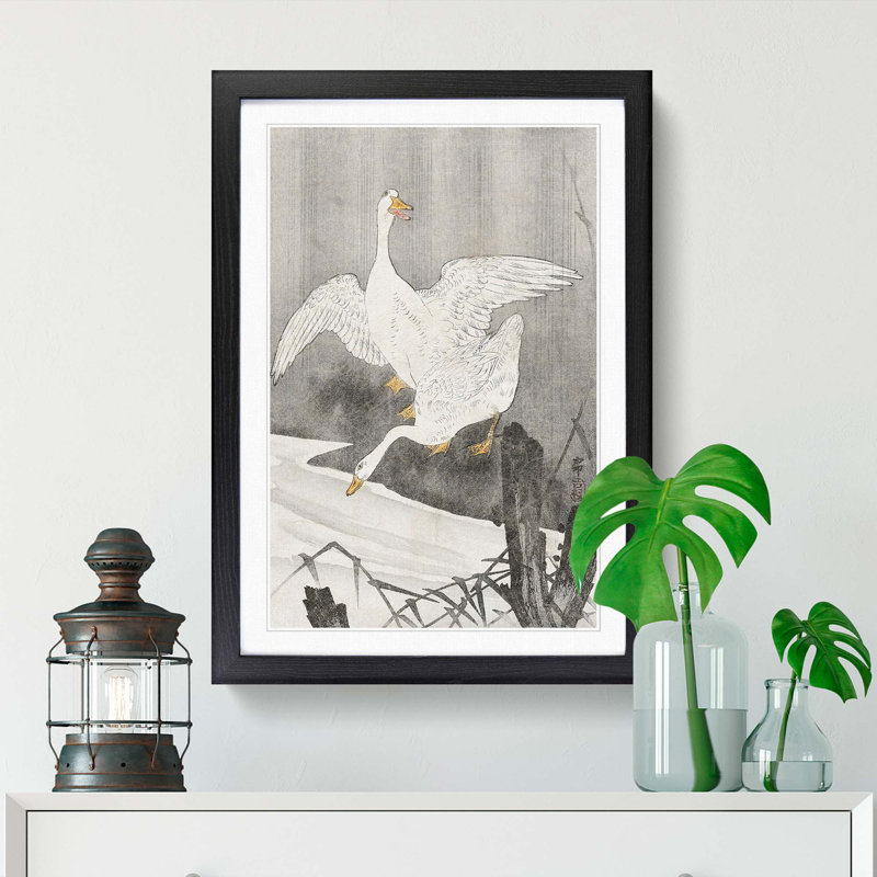 Geese at the River by Ohara Koson - Picture Frame Painting Print, 65cm H x 48cm W x 2cm D, Black Framed