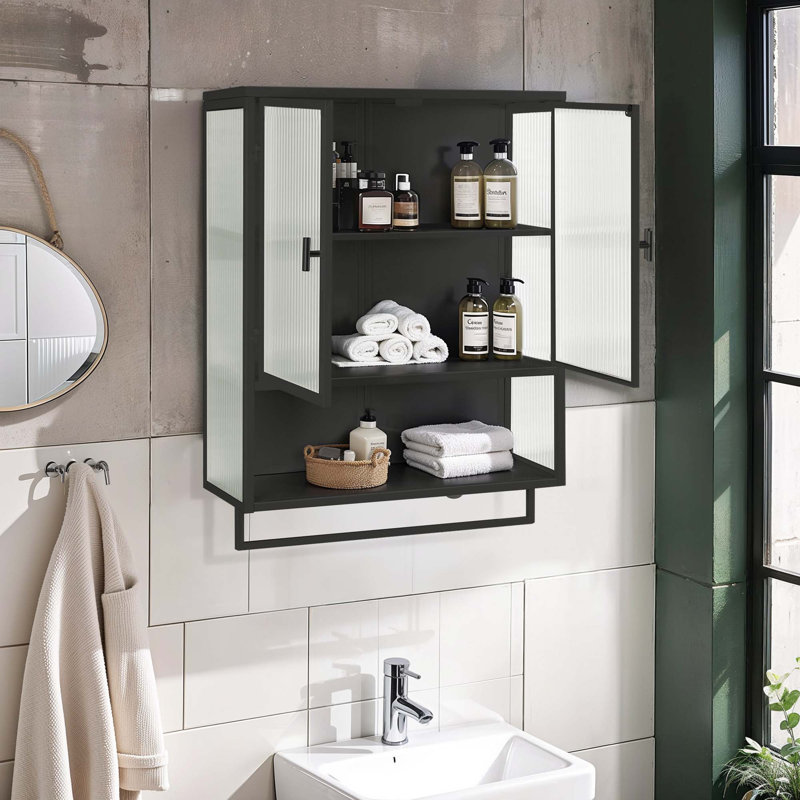 Dalet Modern Two-door Wall Cabinet with Enclosed Storage,Open Shelf and Towel Rack, Black