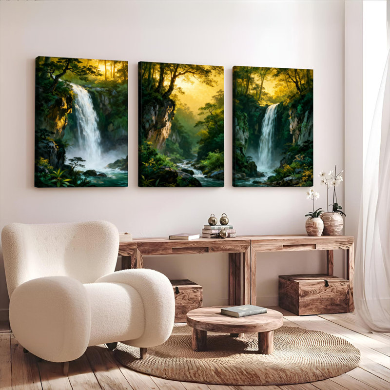 Tableau sur toile tendue représentant un paysage de forêt et de cascade (ensemble de 3), H 18 po x l 36 po