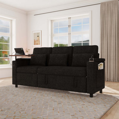 81-inch 3-in-1 Foldable Three-Person Sofa Bed with Table and USB, Storage Armrests, Adjustable Backrest