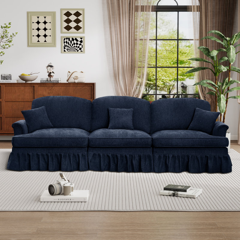 Mid Century 3 Seater Sofa Couch With Removable Ruffle Skirt, Blue