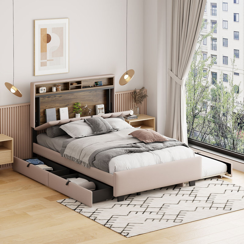 Lit plateforme tapissier avec tête de lit, gigogne simple, 2 tiroirs, ports USB et prises de courant, Beige, Double