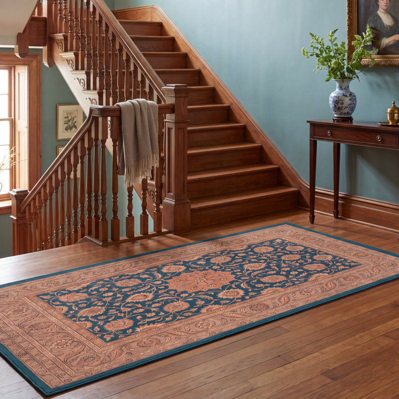 Tapis Rosalind traditionnel à motif floral intégral, bleu sarcelle, or et crème, lavable en machine, antidérapant, à poils courts, pour l'intérieur et l'extérieur, adapté aux animaux domestiques, idéal pour le salon, la chambre, la salle à manger, l'entrée, le couloir ou le bureau.