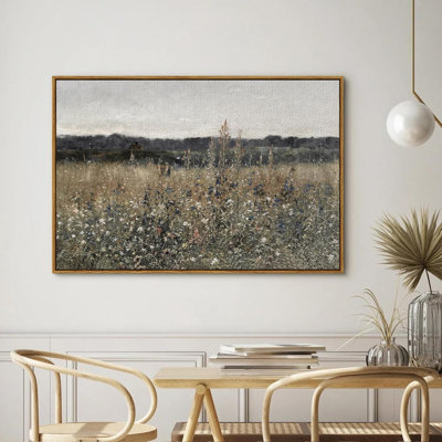 Toile encadrée, décoration rétro, art mural paysage, prairie avec fleurs, décor de ferme moderne, décoration de bureau de chambre à coucher Cottagecore, 24 po x 36 po