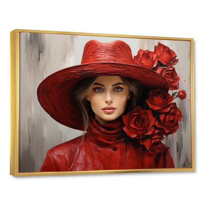 Red Hat Fashion Rose Woman - Fashion Canvas Art