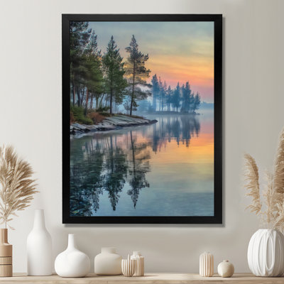 Sunset At Dawn Lake Summer Mist - Sunset Wall Decor, Orange Landscape Framed Wall Art