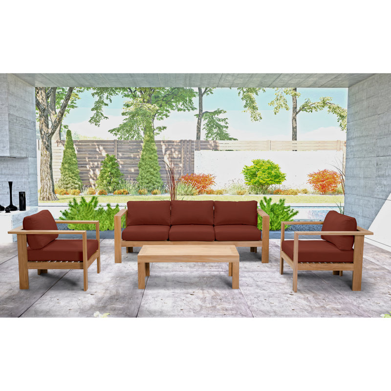 Ando 4 Piece Teak Sofa Seating Group with Sunbrella Cushions, 4 Pcs: Table, Sofa, 2 Chairs, Canvas Natural Sunbrella® Canvas