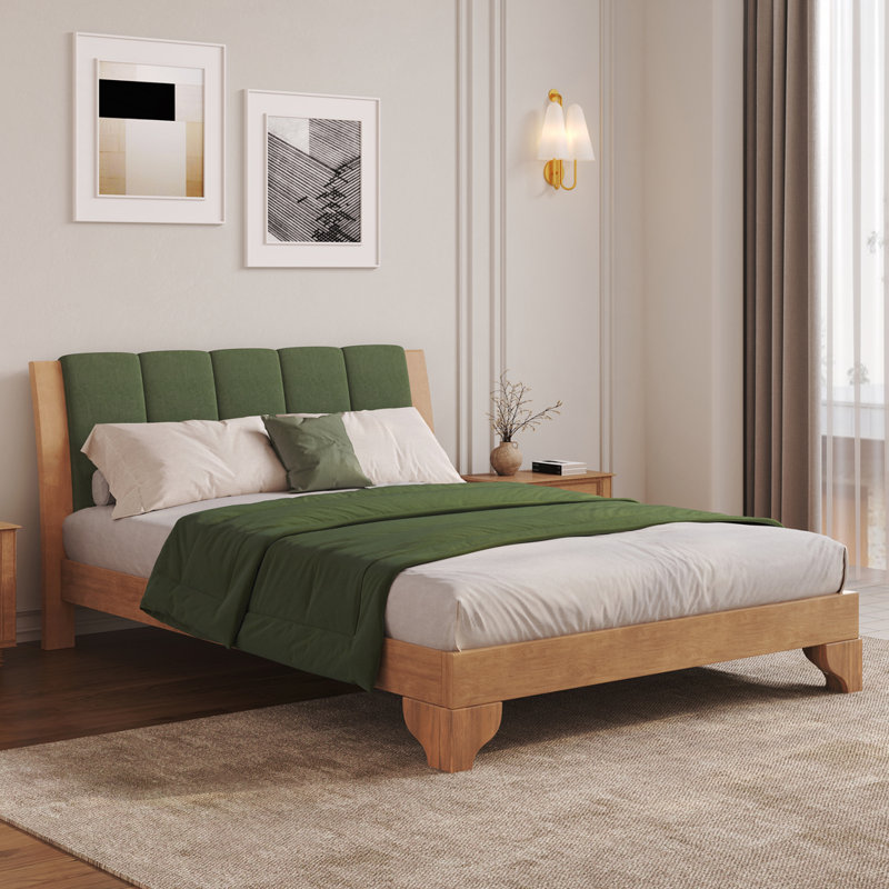 Pine Wood Bed Frame, Queen, Green/Natural