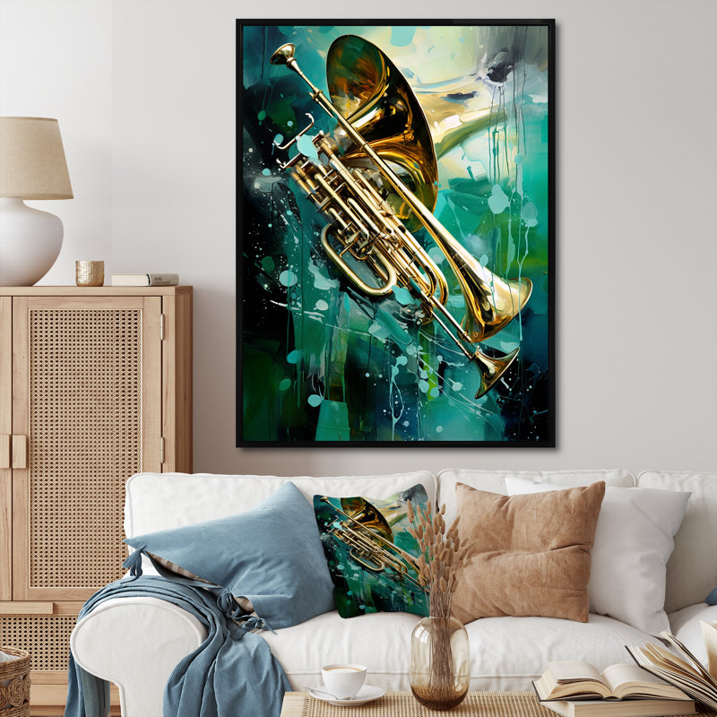 «Trombone Tribute Jazzed Jade II», reproduction sur toile, Cadre flottant noir, 44" H x 34" W