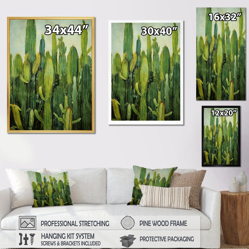 Collage de contour vert cactus - impressions sur toile de cactus, Cadre flottant blanc, H 40 po x l 30 po x P 1,5 po